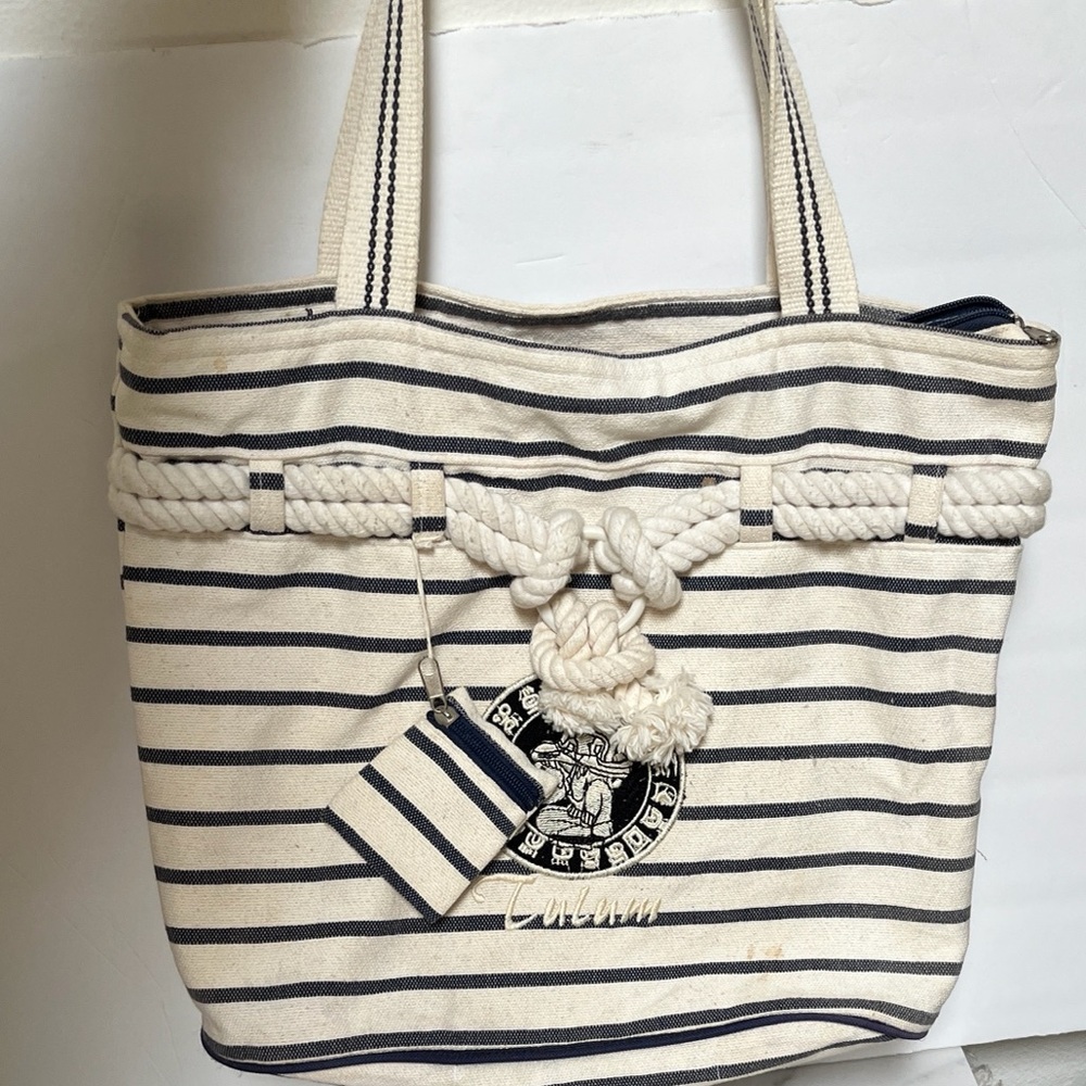 Striped Canvas Tote with Rope Detail - Cream & Navy